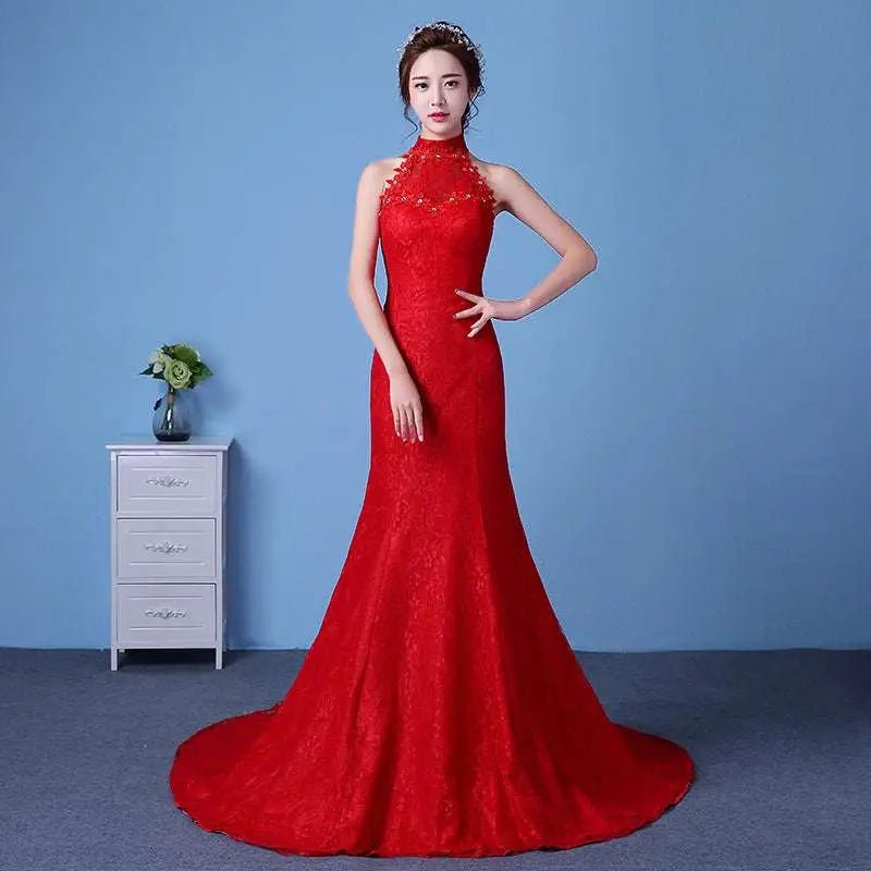 Red Lace Mermaid Wedding Dress with High Neck - Luzilly Bridal & Apparel