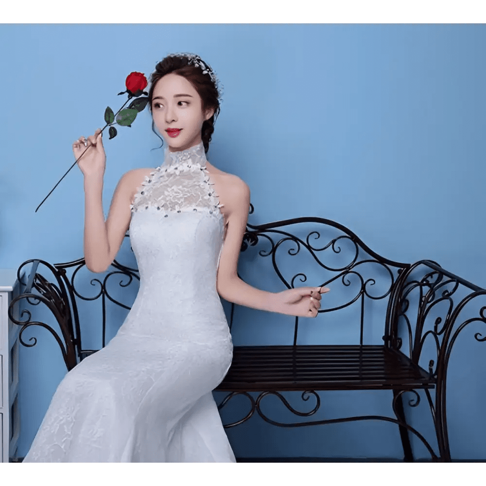 Red Lace Mermaid Wedding Dress with High Neck - Luzilly Bridal & Apparel