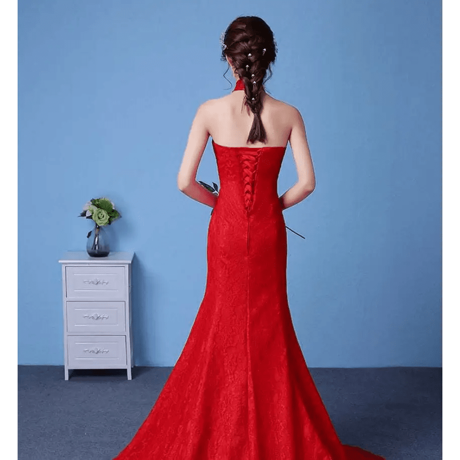 Red Lace Mermaid Wedding Dress with High Neck - Luzilly Bridal & Apparel
