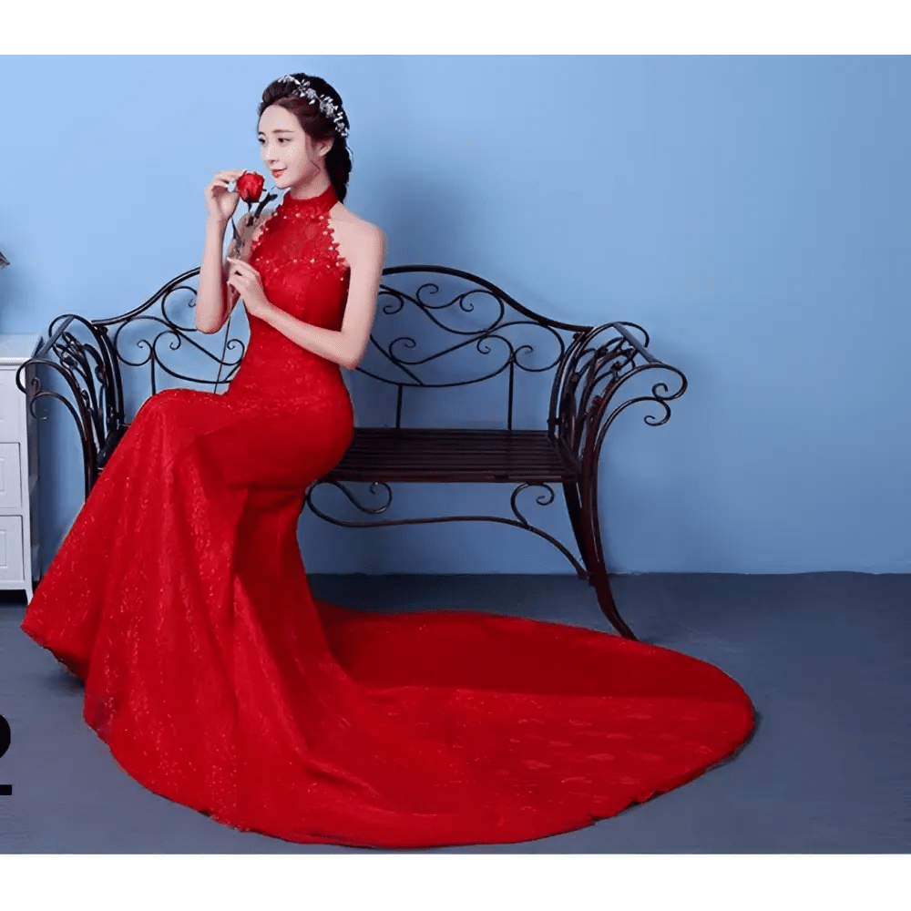 Red Lace Mermaid Wedding Dress with High Neck - Luzilly Bridal & Apparel
