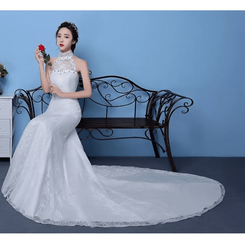 Red Lace Mermaid Wedding Dress with High Neck - Luzilly Bridal & Apparel
