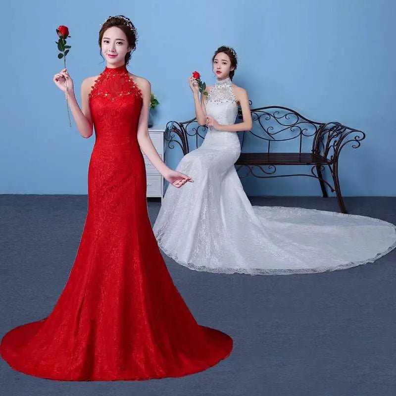 Red Lace Mermaid Wedding Dress with High Neck - Luzilly Bridal & Apparel