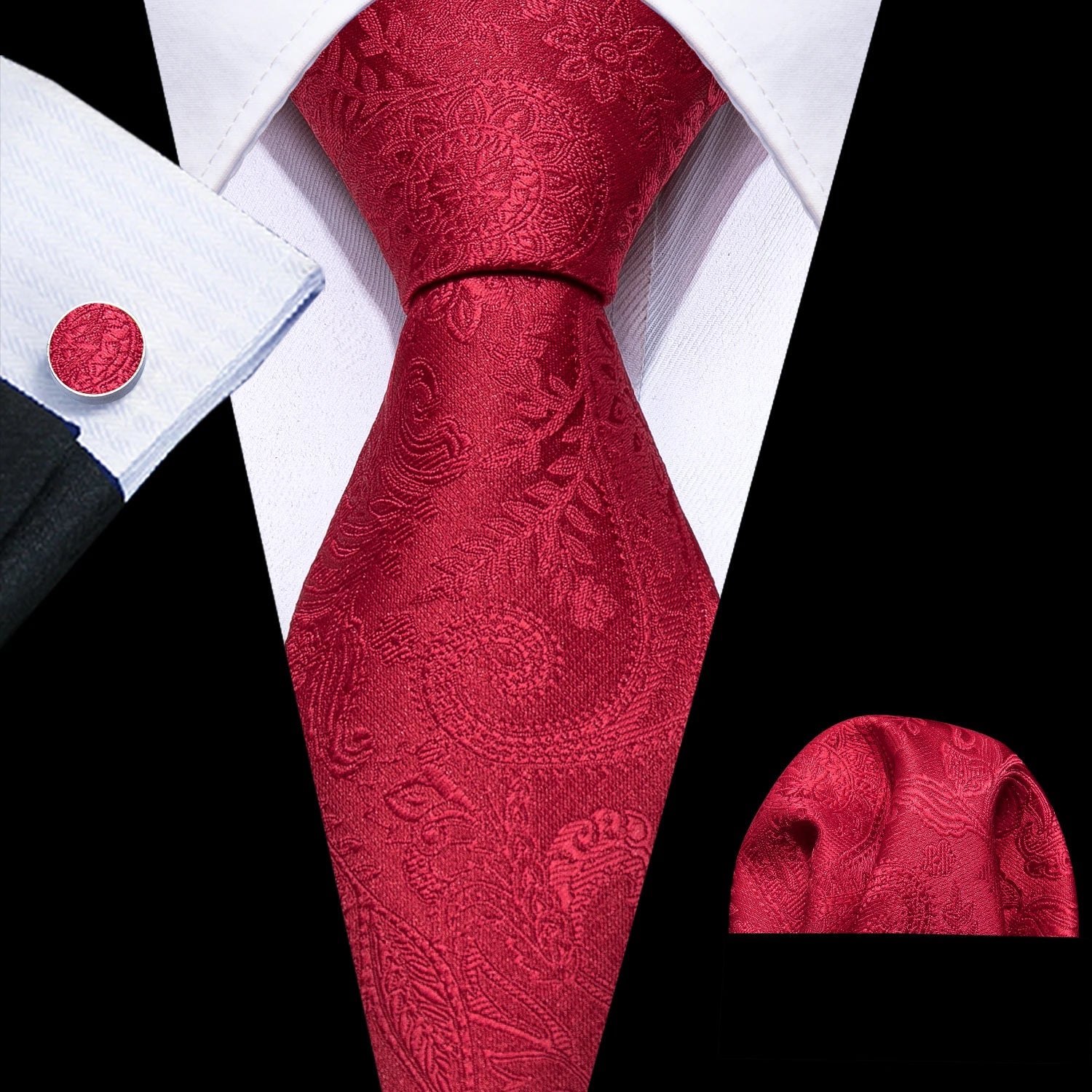Red Maroon Burgundy Rose Men's Tie Pocket Square Cufflinks Set Jacquard Necktie for Male Wedding Business silk Party - Luzilly Bridal & Apparel