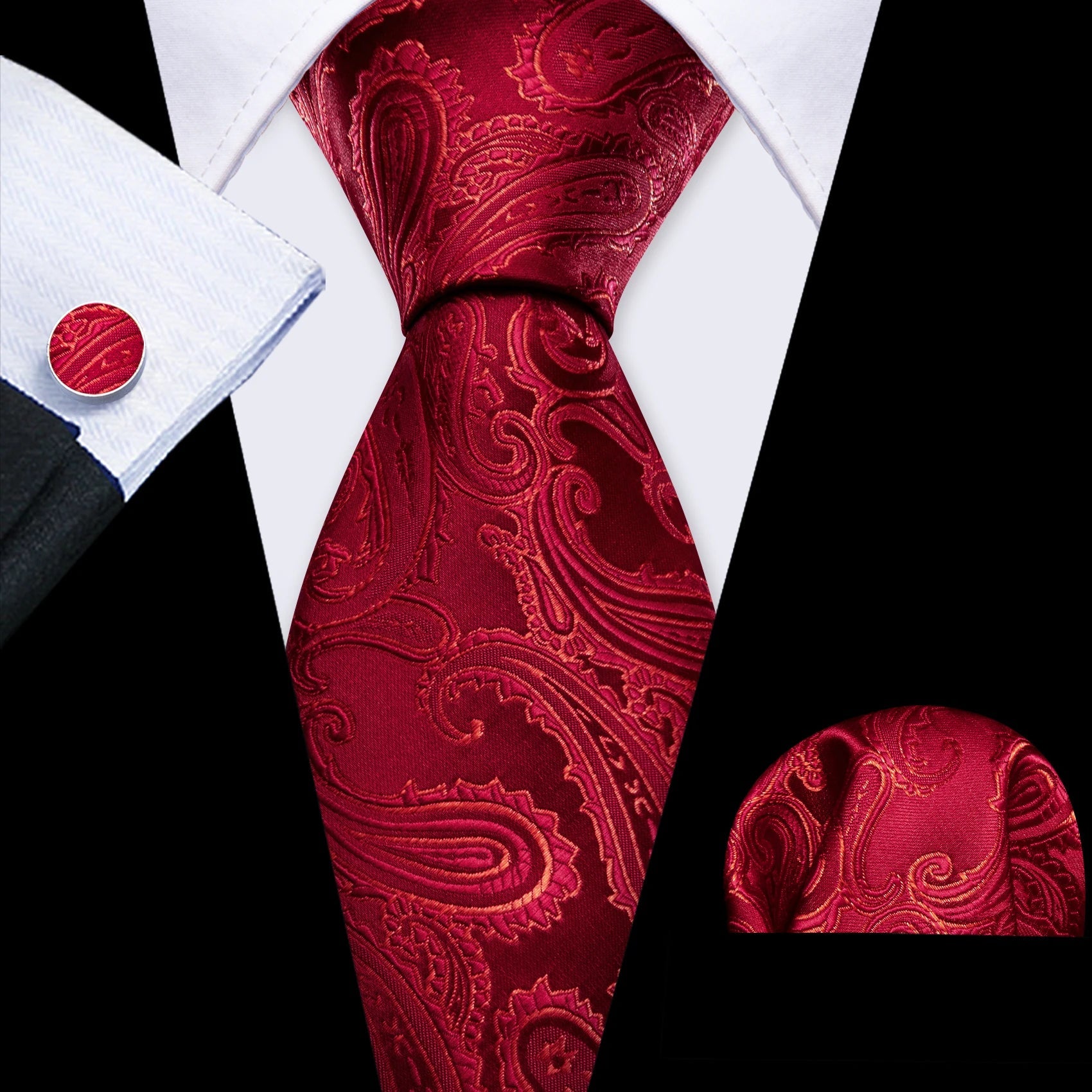 Red Maroon Burgundy Rose Men's Tie Pocket Square Cufflinks Set Jacquard Necktie for Male Wedding Business silk Party - Luzilly Bridal & Apparel