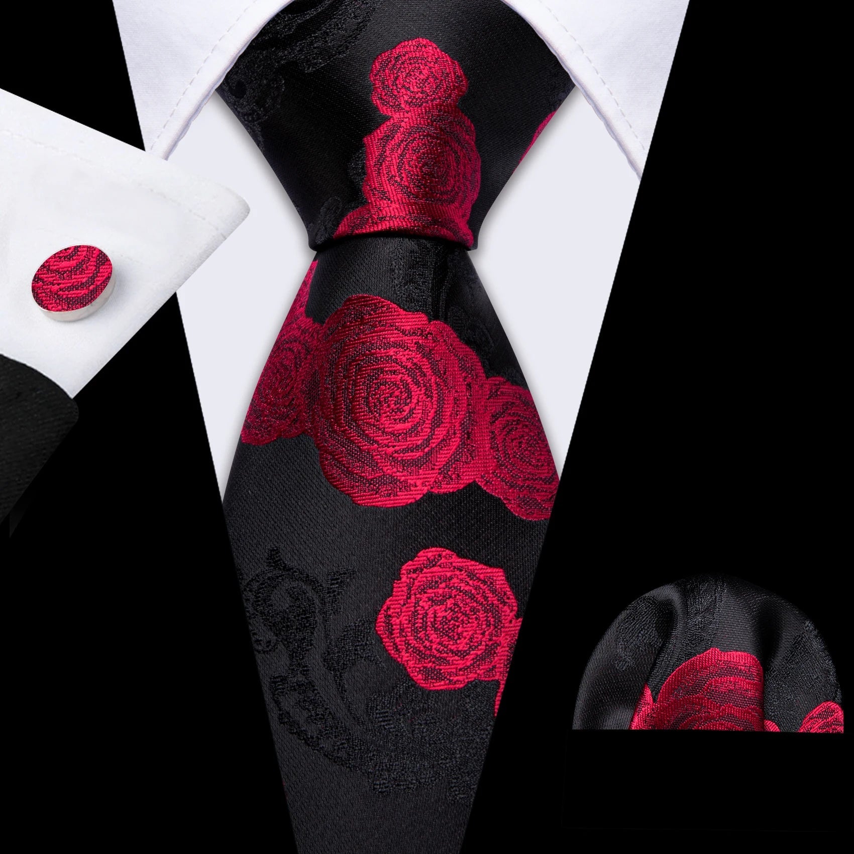 Red Maroon Burgundy Rose Men's Tie Pocket Square Cufflinks Set Jacquard Necktie for Male Wedding Business silk Party - Luzilly Bridal & Apparel