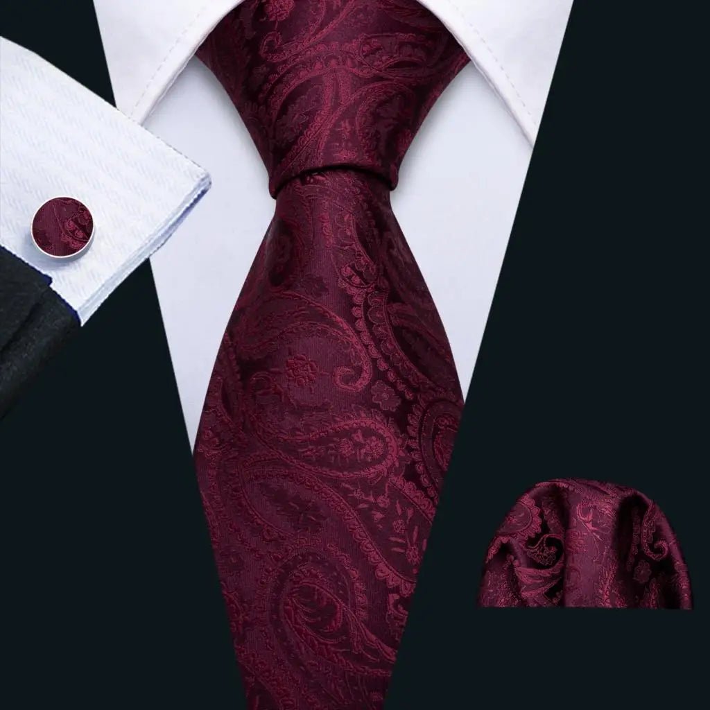 Red Maroon Burgundy Rose Men's Tie Pocket Square Cufflinks Set Jacquard Necktie for Male Wedding Business silk Party - Luzilly Bridal & Apparel