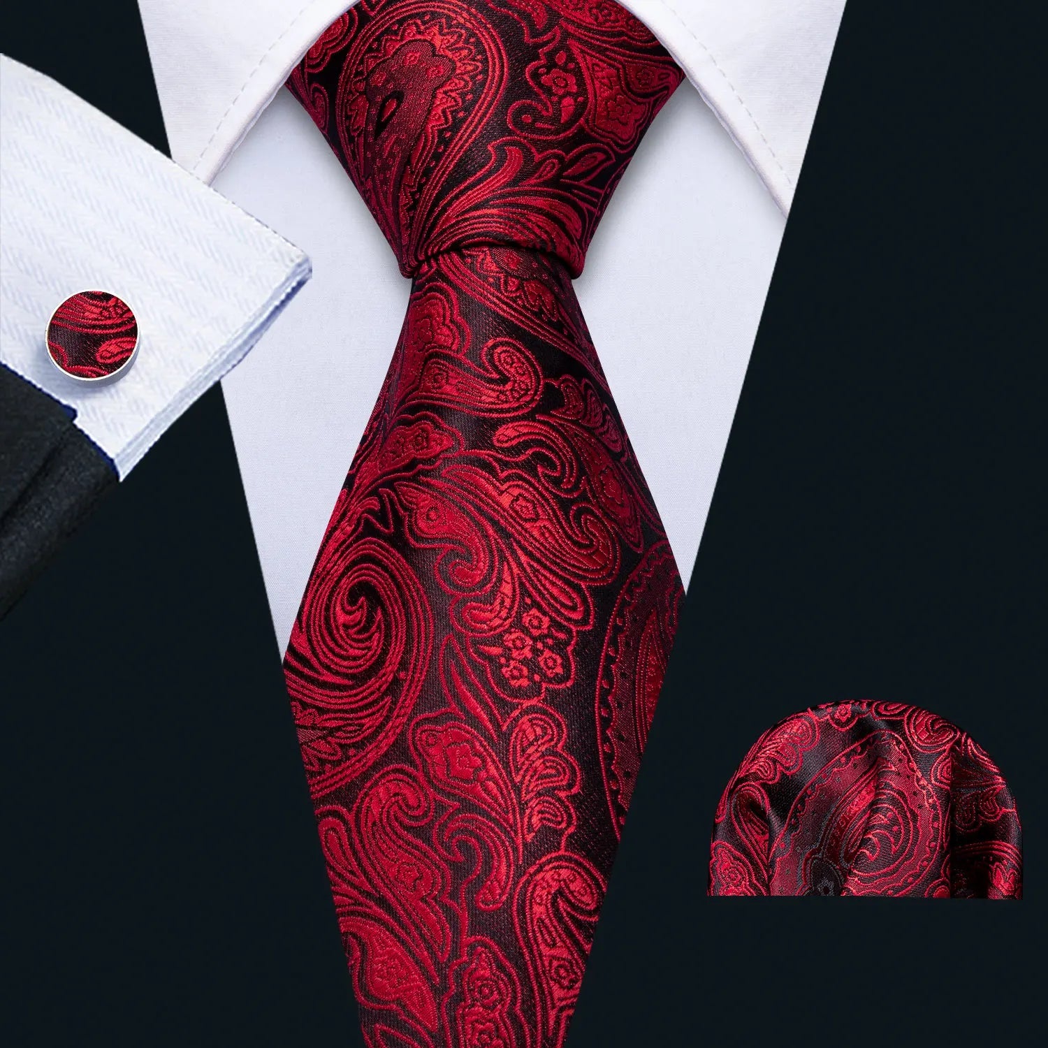 Red Maroon Burgundy Rose Men's Tie Pocket Square Cufflinks Set Jacquard Necktie for Male Wedding Business silk Party - Luzilly Bridal & Apparel
