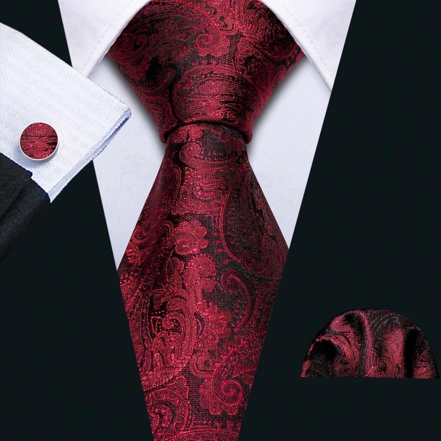Red Maroon Burgundy Rose Men's Tie Pocket Square Cufflinks Set Jacquard Necktie for Male Wedding Business silk Party - Luzilly Bridal & Apparel