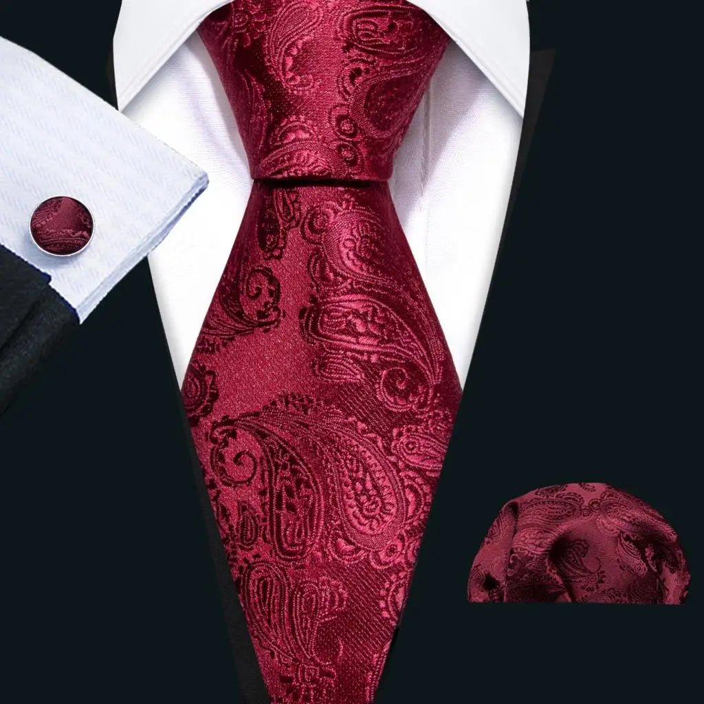 Red Maroon Burgundy Rose Men's Tie Pocket Square Cufflinks Set Jacquard Necktie for Male Wedding Business silk Party - Luzilly Bridal & Apparel