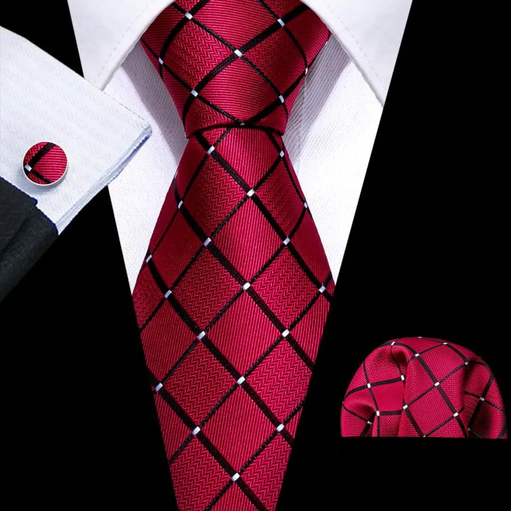 Red Maroon Burgundy Rose Men's Tie Pocket Square Cufflinks Set Jacquard Necktie for Male Wedding Business silk Party - Luzilly Bridal & Apparel