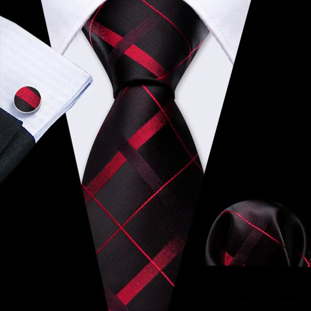 Red Maroon Burgundy Rose Men's Tie Pocket Square Cufflinks Set Jacquard Necktie for Male Wedding Business silk Party - Luzilly Bridal & Apparel