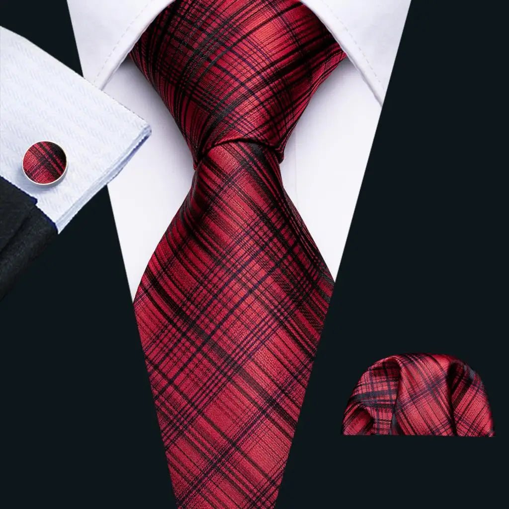 Red Maroon Burgundy Rose Men's Tie Pocket Square Cufflinks Set Jacquard Necktie for Male Wedding Business silk Party - Luzilly Bridal & Apparel