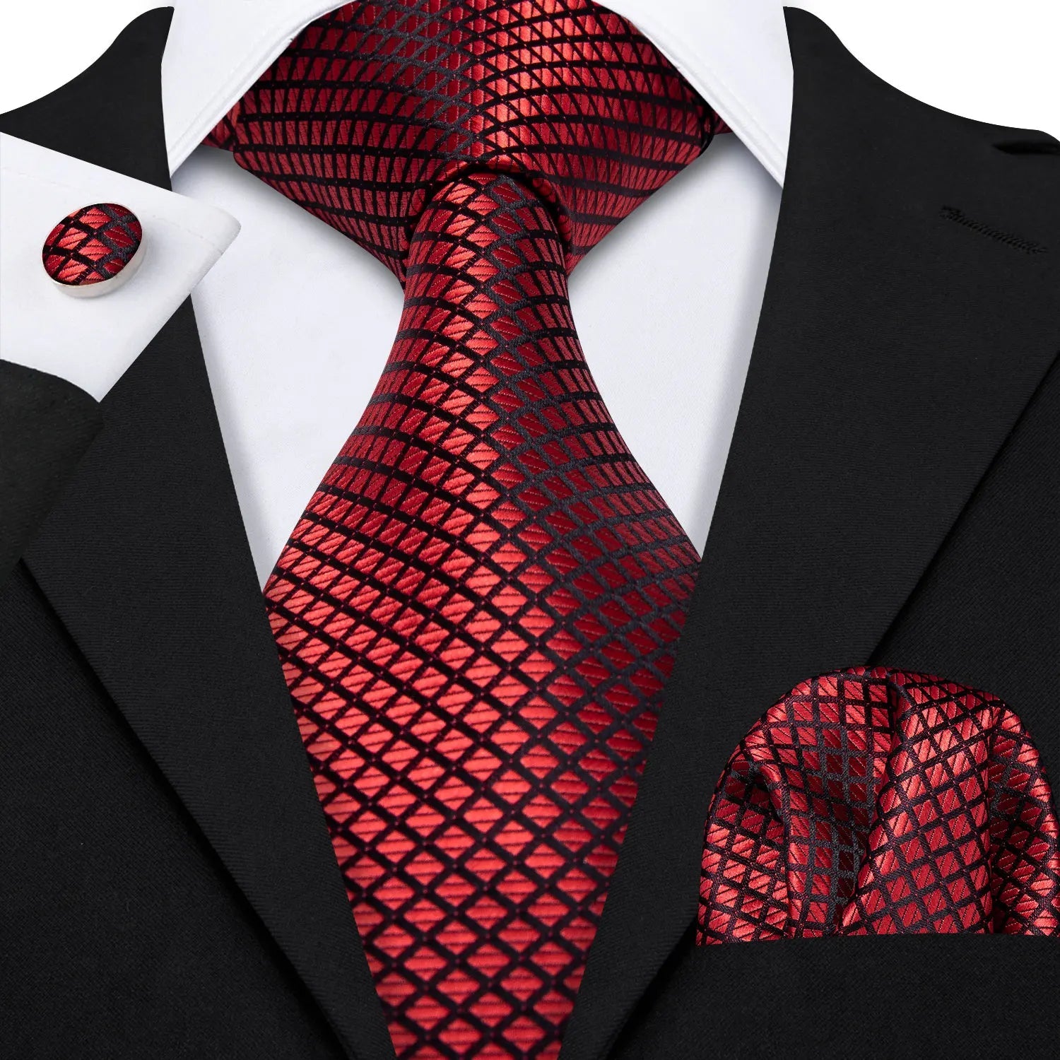 Red Maroon Burgundy Rose Men's Tie Pocket Square Cufflinks Set Jacquard Necktie for Male Wedding Business silk Party - Luzilly Bridal & Apparel