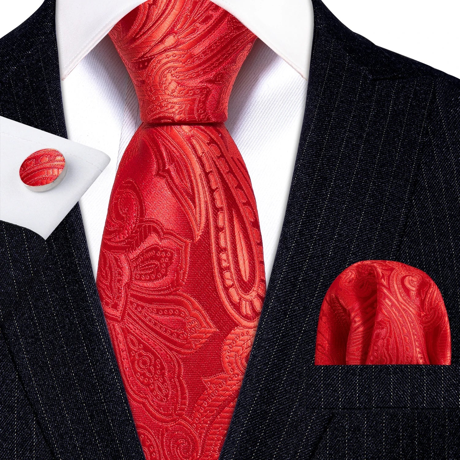 Red Maroon Burgundy Rose Men's Tie Pocket Square Cufflinks Set Jacquard Necktie for Male Wedding Business silk Party - Luzilly Bridal & Apparel