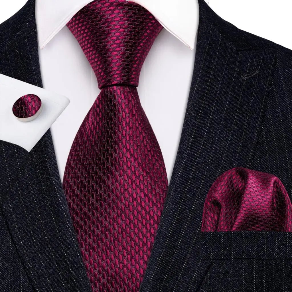 Red Maroon Burgundy Rose Men's Tie Pocket Square Cufflinks Set Jacquard Necktie for Male Wedding Business silk Party - Luzilly Bridal & Apparel
