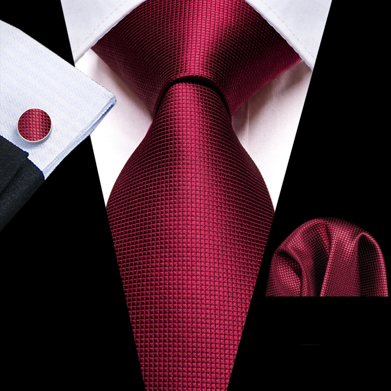 Red Maroon Burgundy Rose Men's Tie Pocket Square Cufflinks Set Jacquard Necktie for Male Wedding Business silk Party - Luzilly Bridal & Apparel
