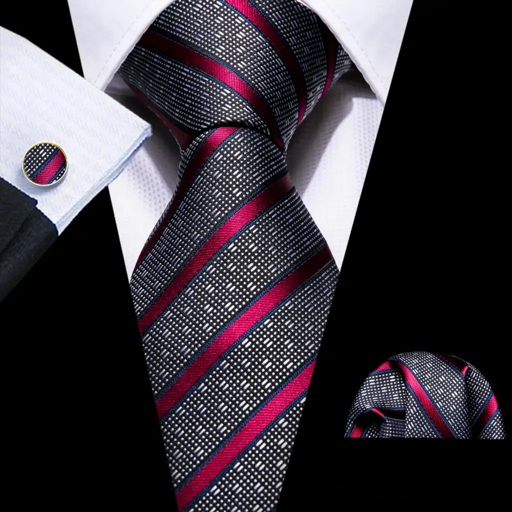 Red Maroon Burgundy Rose Men's Tie Pocket Square Cufflinks Set Jacquard Necktie for Male Wedding Business silk Party - Luzilly Bridal & Apparel