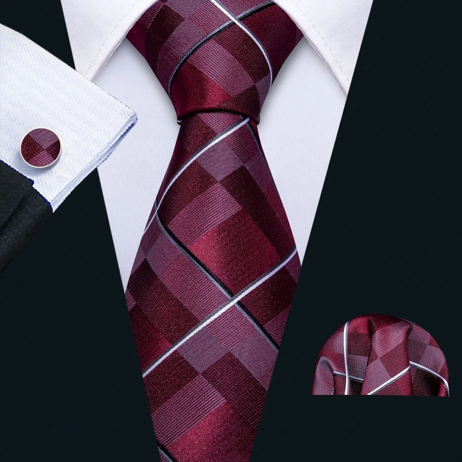Red Maroon Burgundy Rose Men's Tie Pocket Square Cufflinks Set Jacquard Necktie for Male Wedding Business silk Party - Luzilly Bridal & Apparel