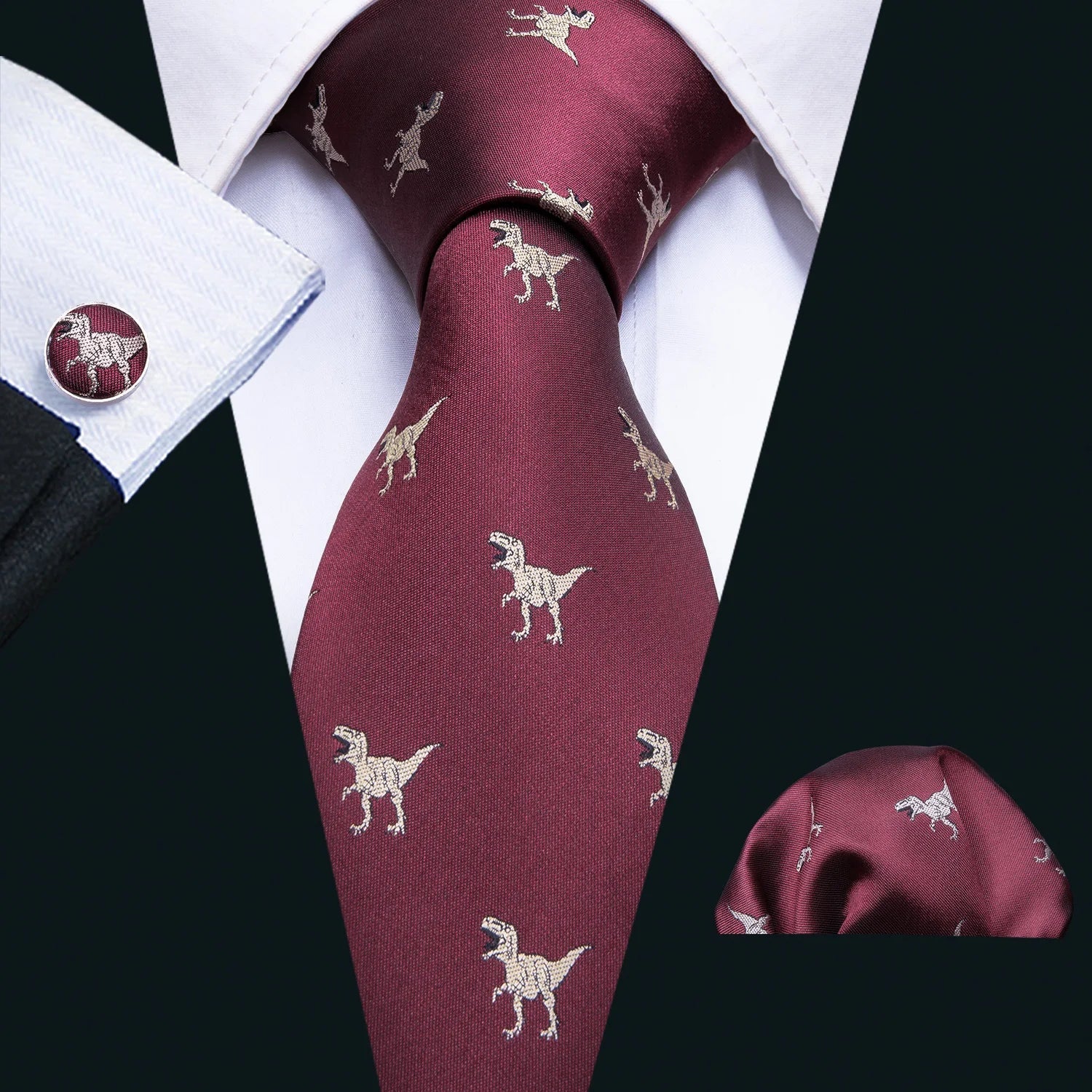 Red Maroon Burgundy Rose Men's Tie Pocket Square Cufflinks Set Jacquard Necktie for Male Wedding Business silk Party - Luzilly Bridal & Apparel