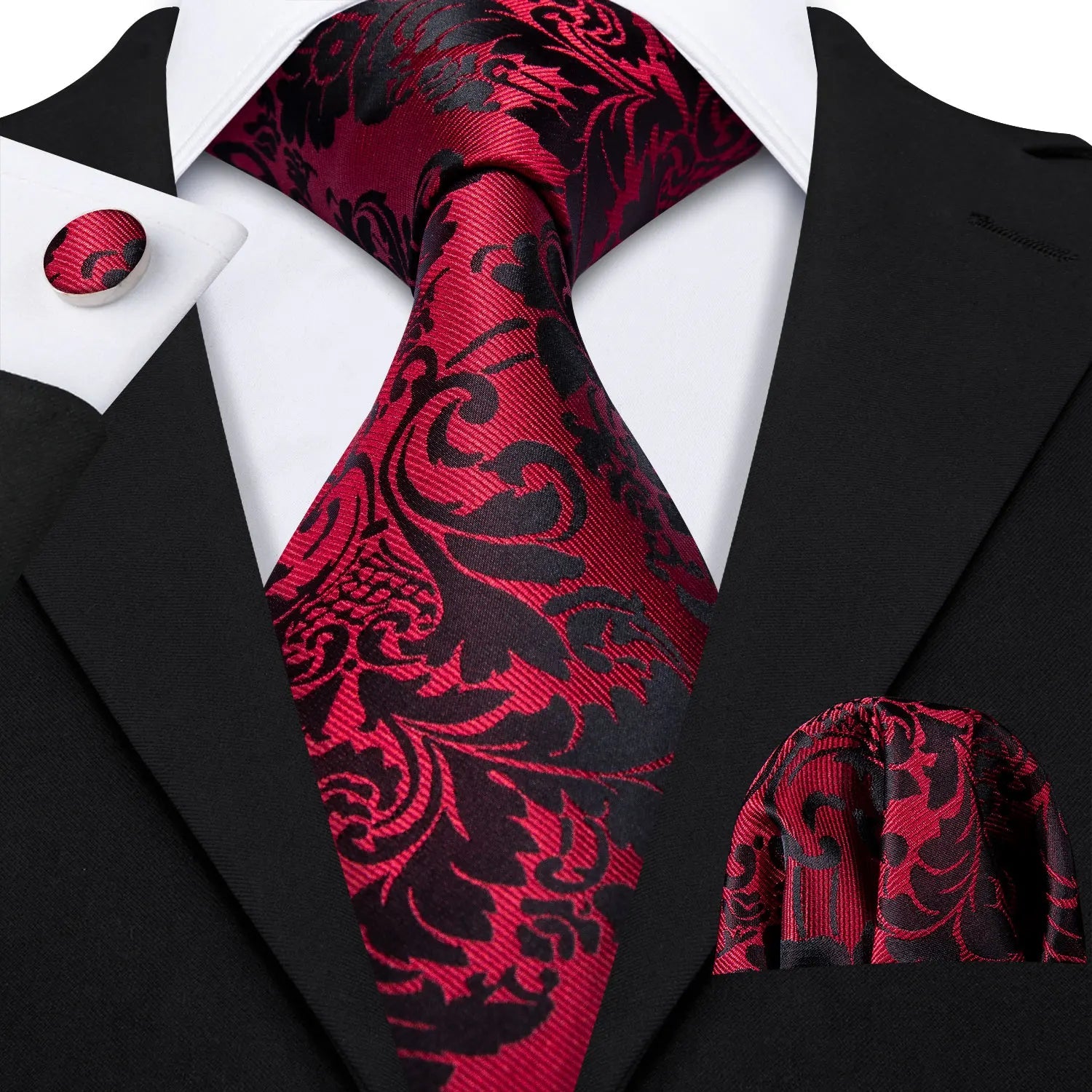 Red Maroon Burgundy Rose Men's Tie Pocket Square Cufflinks Set Jacquard Necktie for Male Wedding Business silk Party - Luzilly Bridal & Apparel
