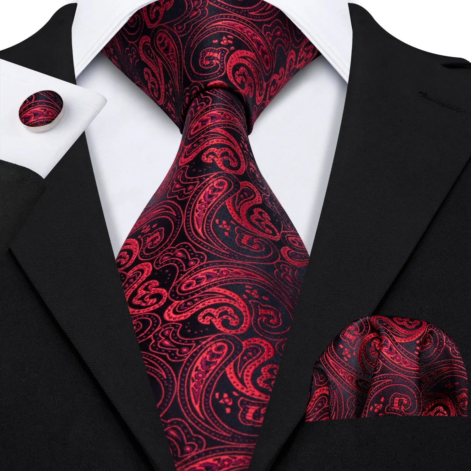 Red Maroon Burgundy Rose Men's Tie Pocket Square Cufflinks Set Jacquard Necktie for Male Wedding Business silk Party - Luzilly Bridal & Apparel