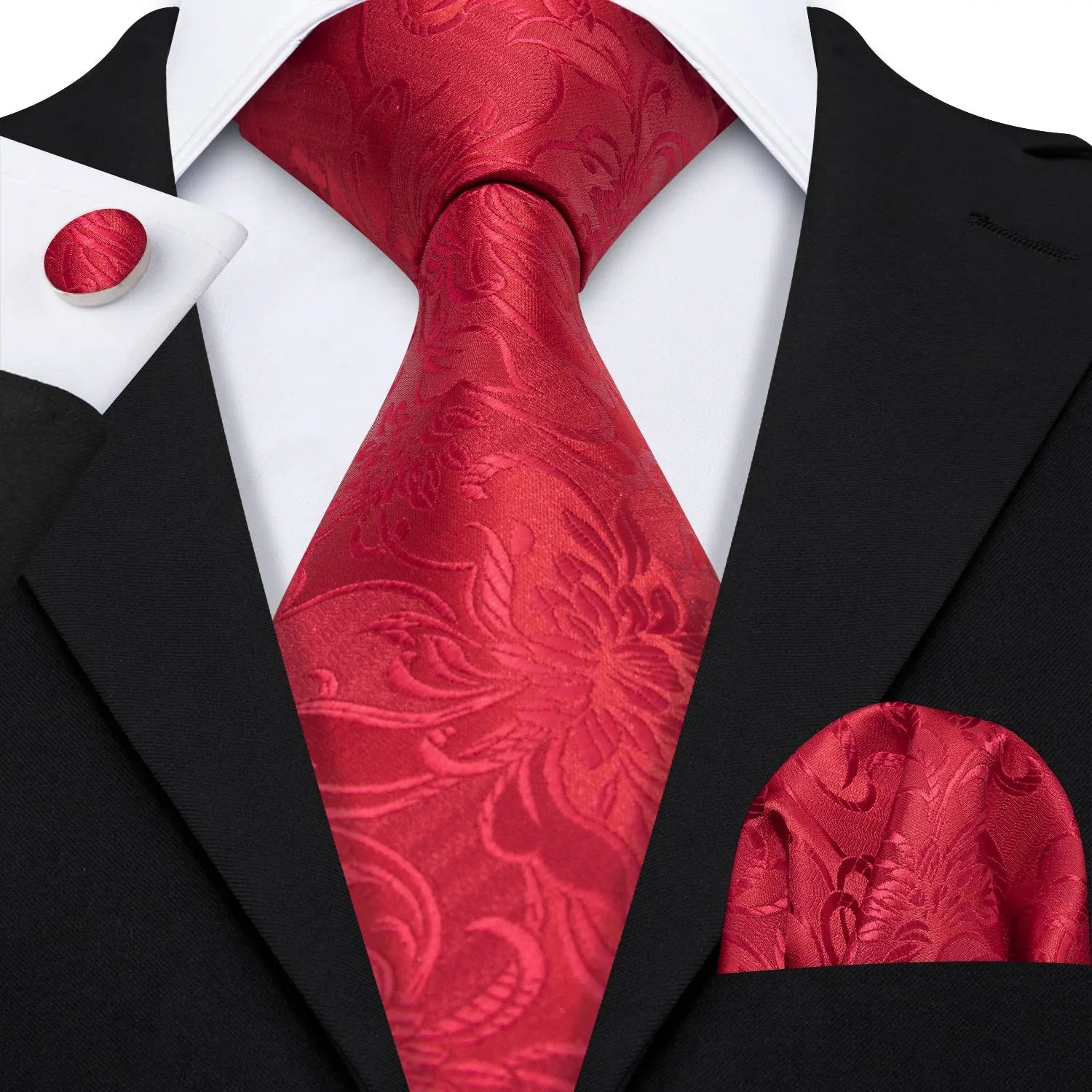 Red Maroon Burgundy Rose Men's Tie Pocket Square Cufflinks Set Jacquard Necktie for Male Wedding Business silk Party - Luzilly Bridal & Apparel