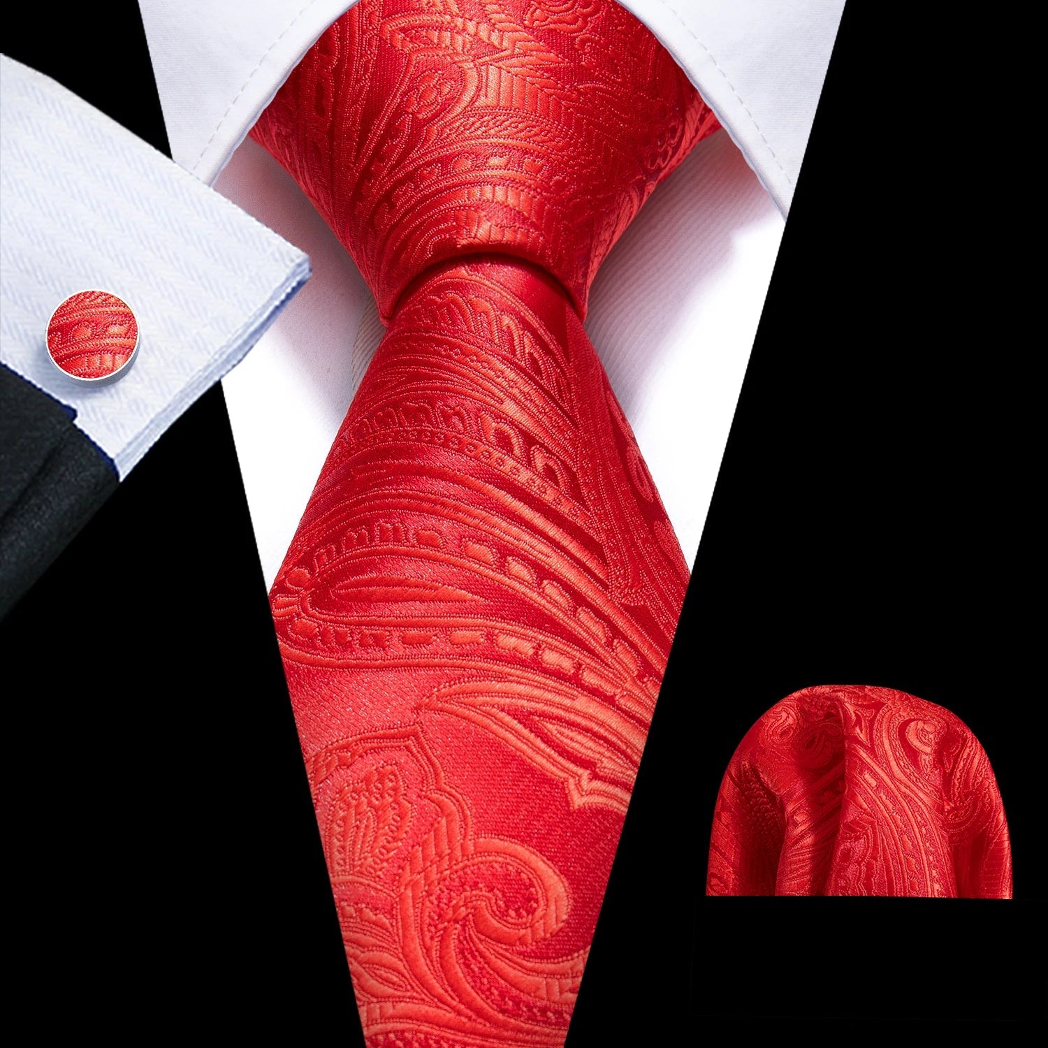 Red Maroon Burgundy Rose Men's Tie Pocket Square Cufflinks Set Jacquard Necktie for Male Wedding Business silk Party - Luzilly Bridal & Apparel