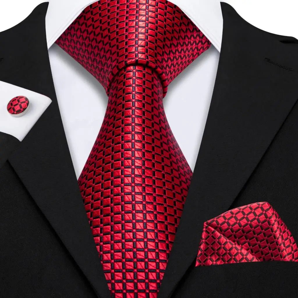 Red Maroon Burgundy Rose Men's Tie Pocket Square Cufflinks Set Jacquard Necktie for Male Wedding Business silk Party - Luzilly Bridal & Apparel
