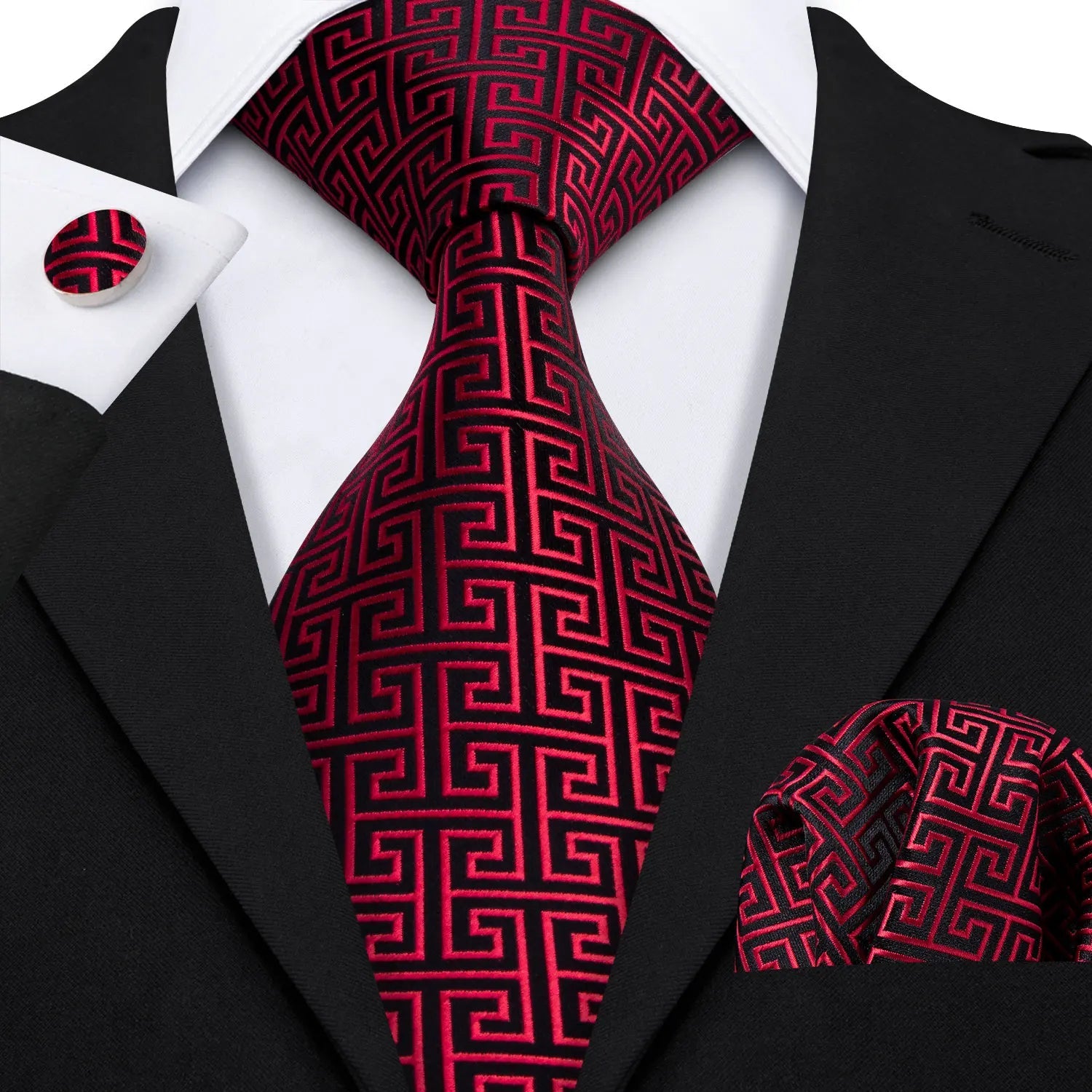 Red Maroon Burgundy Rose Men's Tie Pocket Square Cufflinks Set Jacquard Necktie for Male Wedding Business silk Party - Luzilly Bridal & Apparel