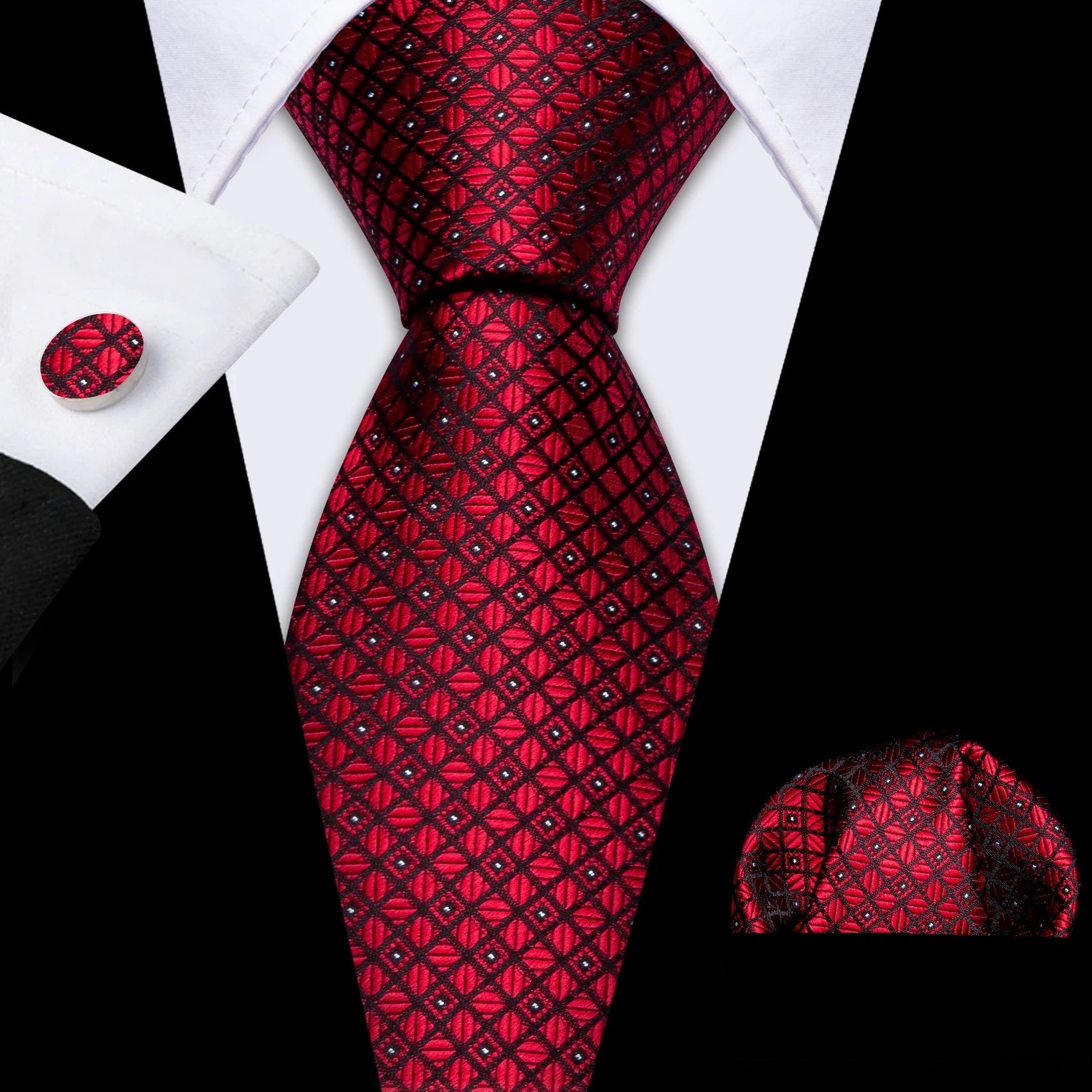 Red Maroon Burgundy Rose Men's Tie Pocket Square Cufflinks Set Jacquard Necktie for Male Wedding Business silk Party - Luzilly Bridal & Apparel