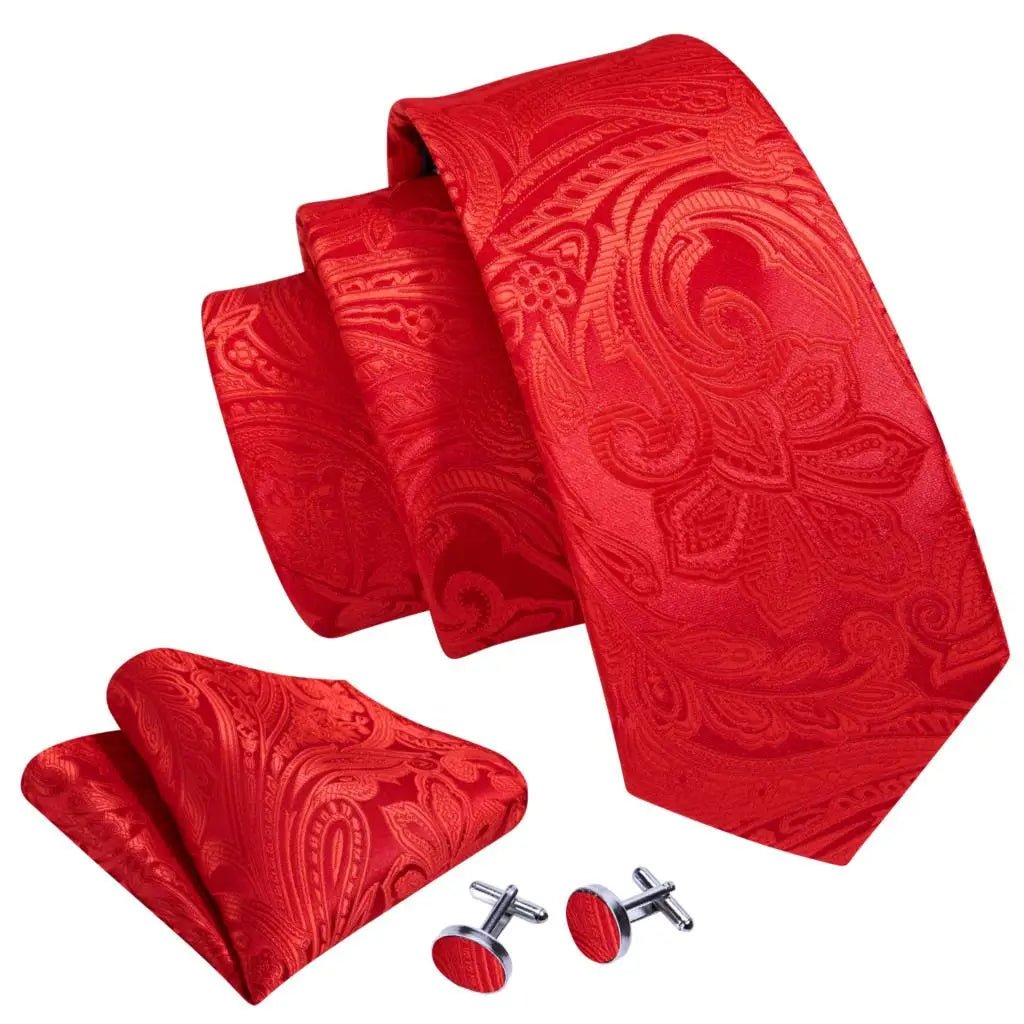 Red Maroon Burgundy Rose Men's Tie Pocket Square Cufflinks Set Jacquard Necktie for Male Wedding Business silk Party - Luzilly Bridal & Apparel