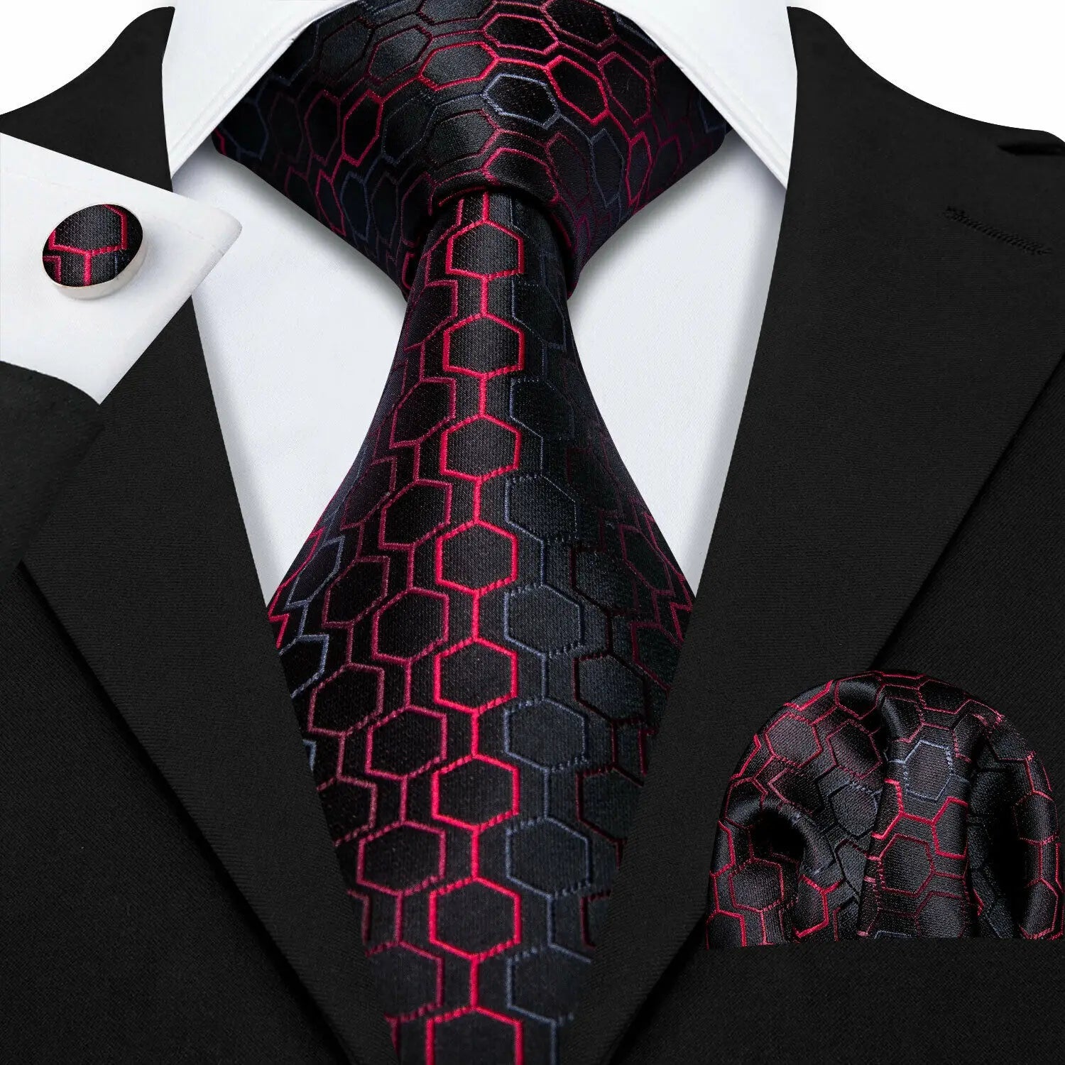 Red Maroon Burgundy Rose Men's Tie Pocket Square Cufflinks Set Jacquard Necktie for Male Wedding Business silk Party - Luzilly Bridal & Apparel
