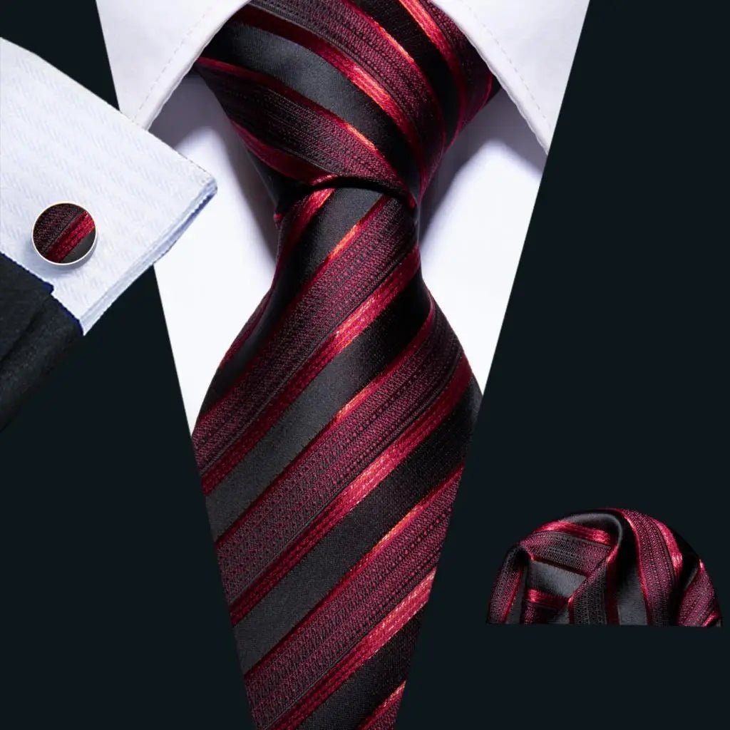 Red Maroon Burgundy Rose Men's Tie Pocket Square Cufflinks Set Jacquard Necktie for Male Wedding Business silk Party - Luzilly Bridal & Apparel