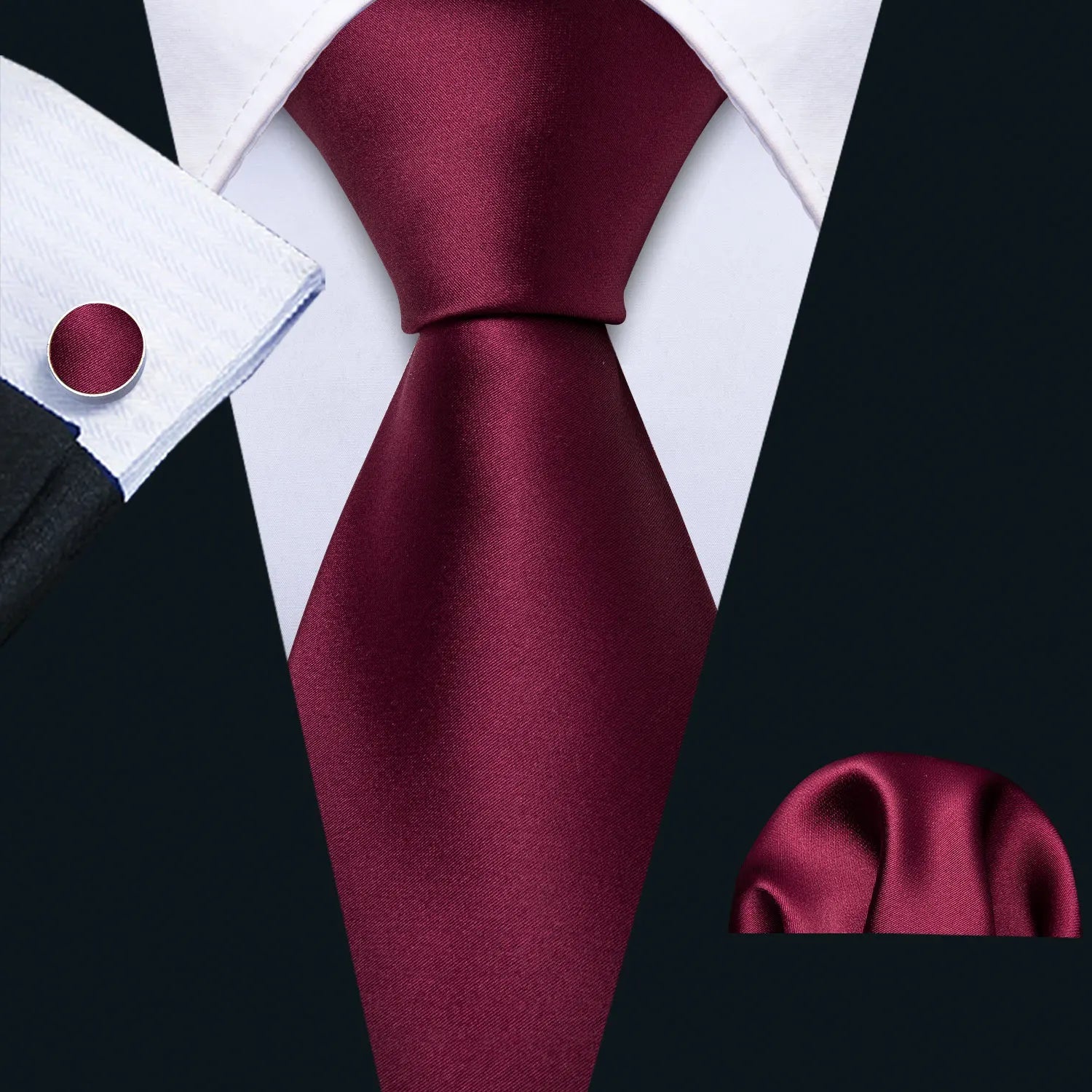 Red Maroon Burgundy Rose Men's Tie Pocket Square Cufflinks Set Jacquard Necktie for Male Wedding Business silk Party - Luzilly Bridal & Apparel