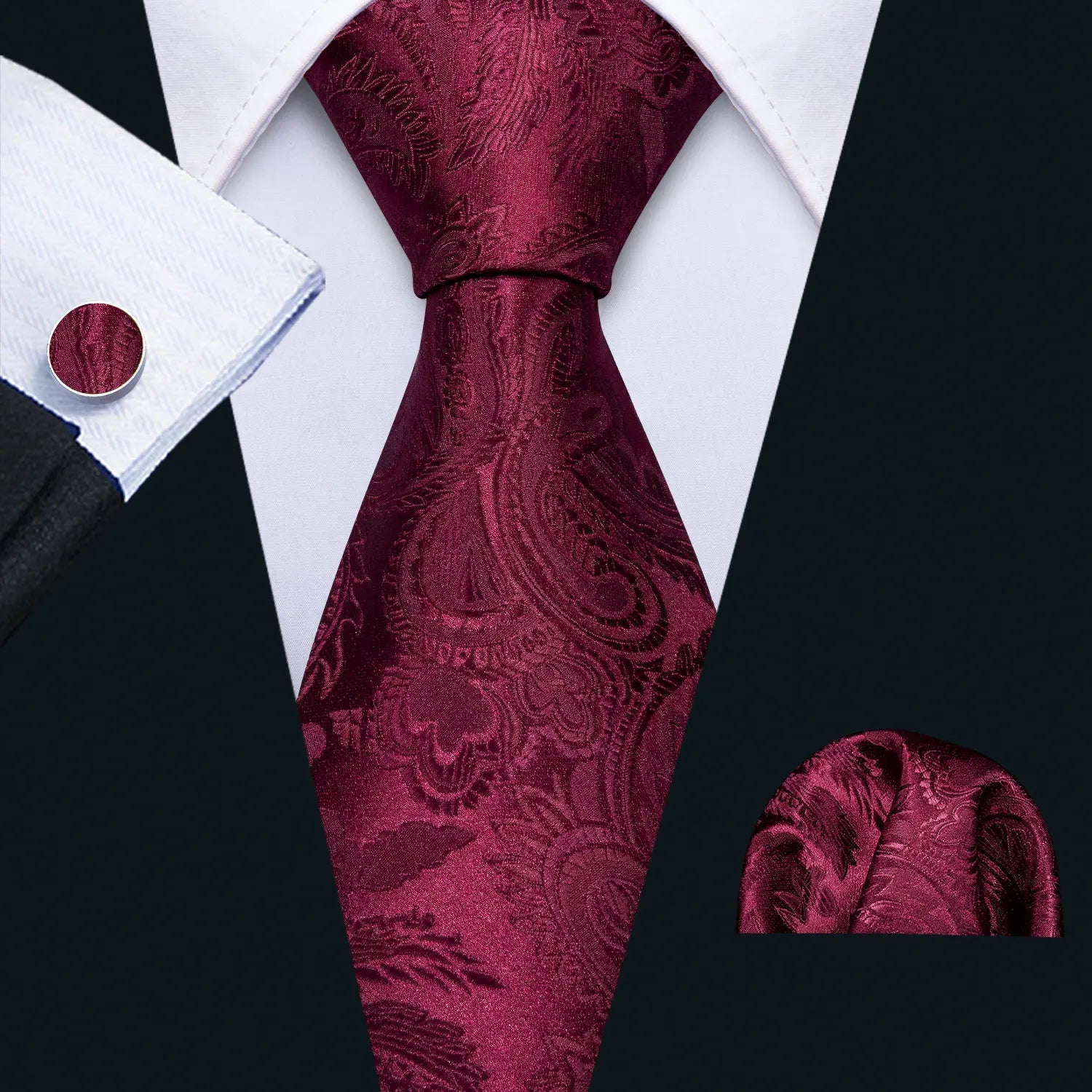 Red Maroon Burgundy Rose Men's Tie Pocket Square Cufflinks Set Jacquard Necktie for Male Wedding Business silk Party - Luzilly Bridal & Apparel