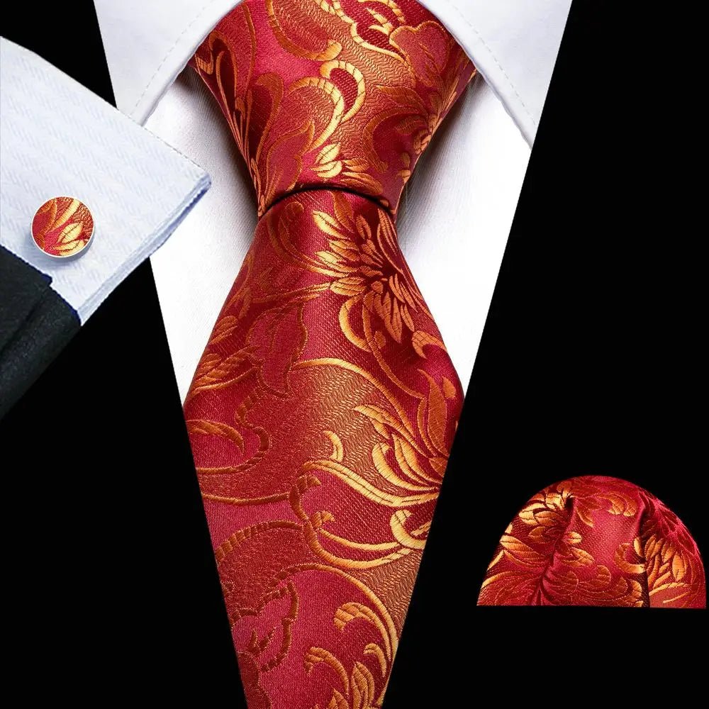 Red Maroon Burgundy Rose Men's Tie Pocket Square Cufflinks Set Jacquard Necktie for Male Wedding Business silk Party - Luzilly Bridal & Apparel
