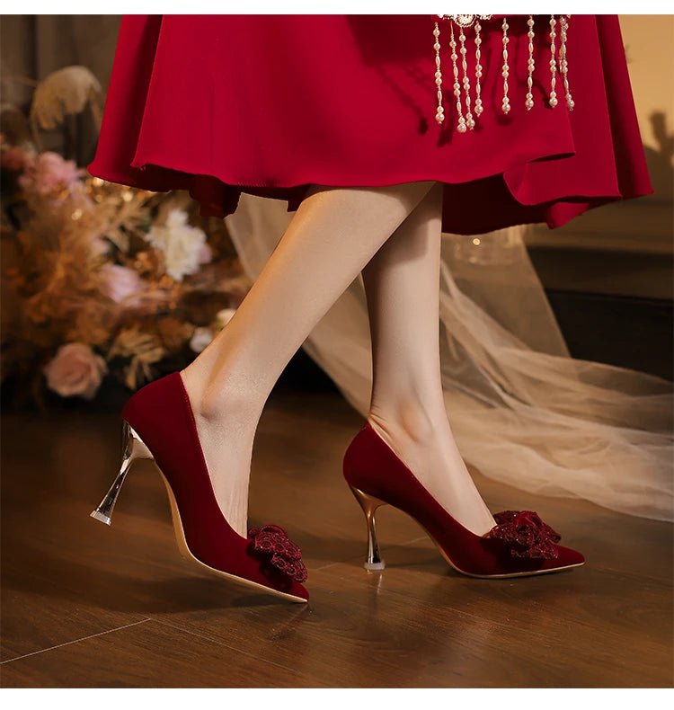 Red Pointed-Toe Chinese Wedding Toast Slingback Pumps - Luzilly Bridal & Apparel