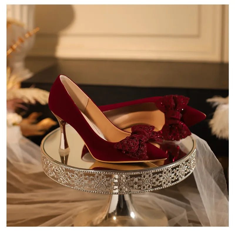 Red Pointed-Toe Chinese Wedding Toast Slingback Pumps - Luzilly Bridal & Apparel
