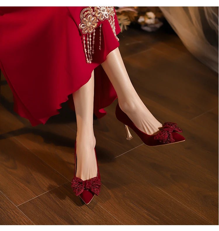Red Pointed-Toe Chinese Wedding Toast Slingback Pumps - Luzilly Bridal & Apparel