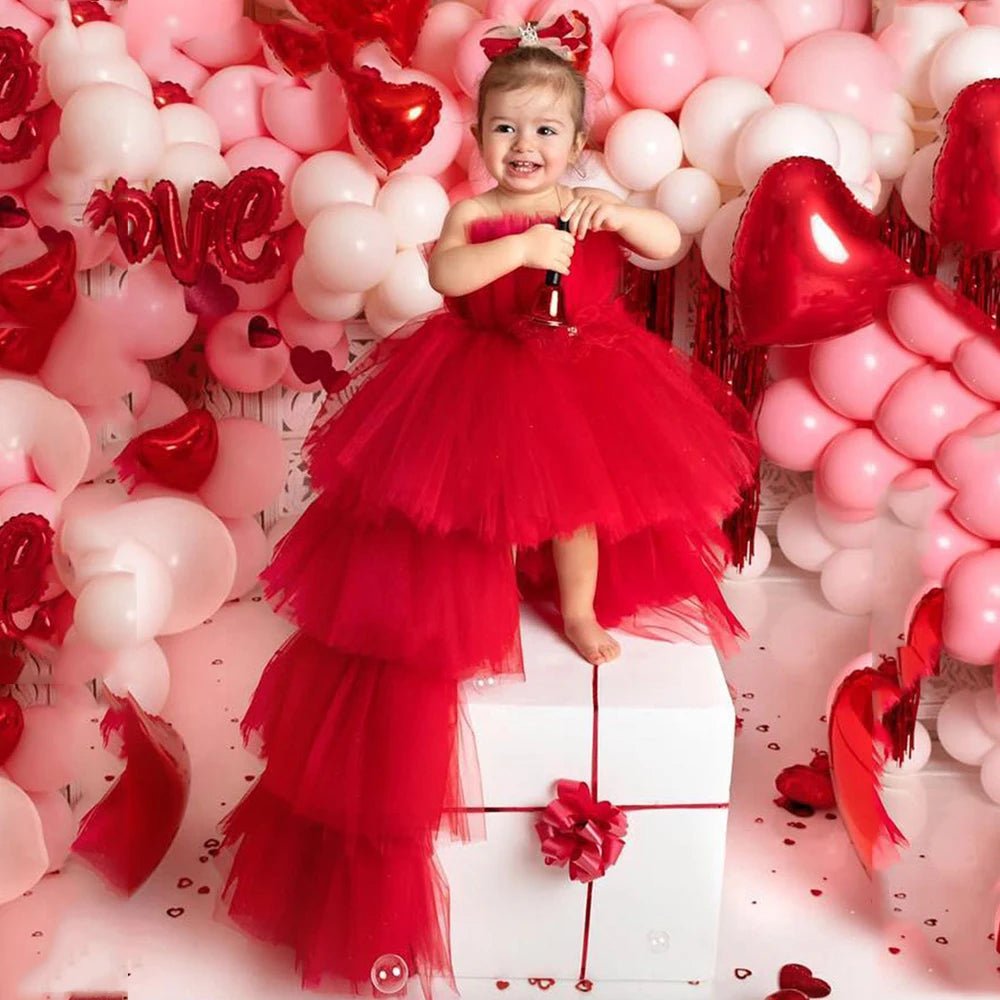 Red Puffy Tulle Trailing Flower Girl Dress - Luzilly Bridal & Apparel