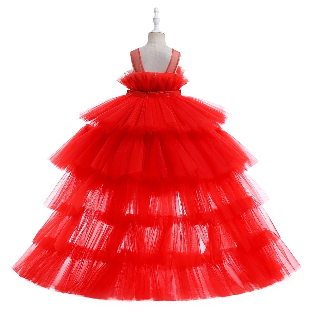 Red Puffy Tulle Trailing Flower Girl Dress - Luzilly Bridal & Apparel
