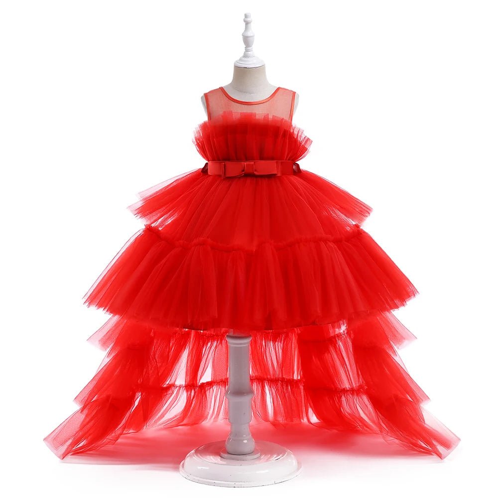 Red Puffy Tulle Trailing Flower Girl Dress - Luzilly Bridal & Apparel