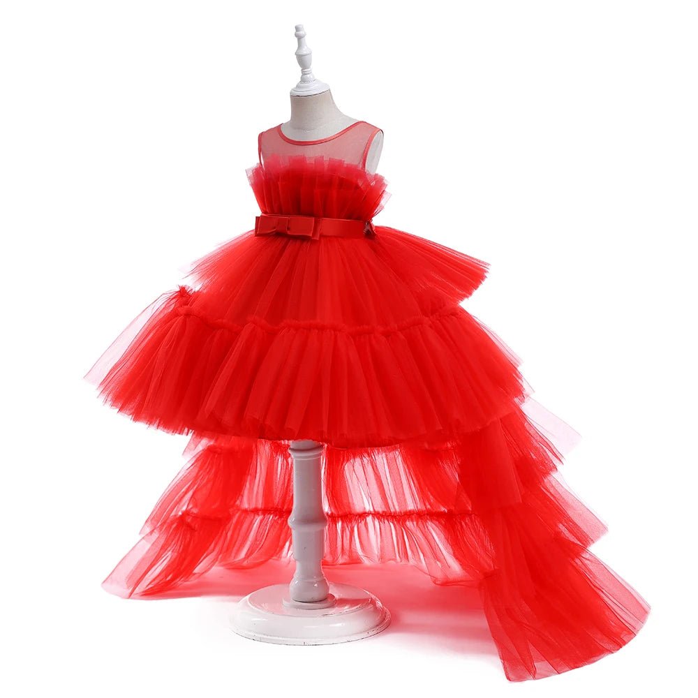Red Puffy Tulle Trailing Flower Girl Dress - Luzilly Bridal & Apparel