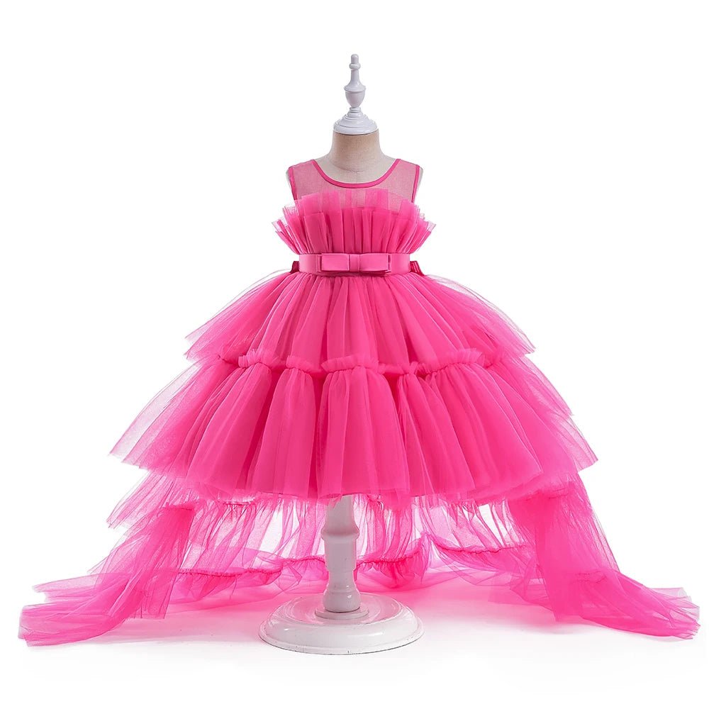 Red Puffy Tulle Trailing Flower Girl Dress - Luzilly Bridal & Apparel