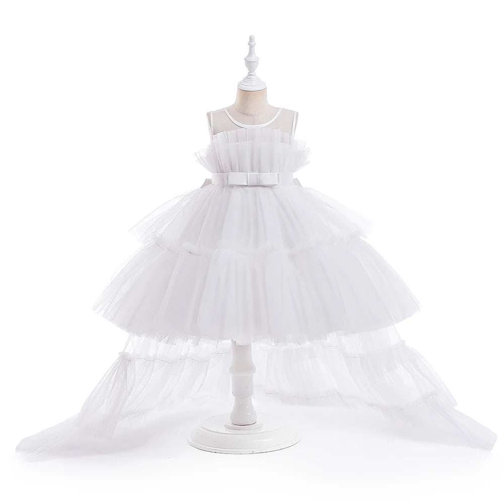 Red Puffy Tulle Trailing Flower Girl Dress - Luzilly Bridal & Apparel