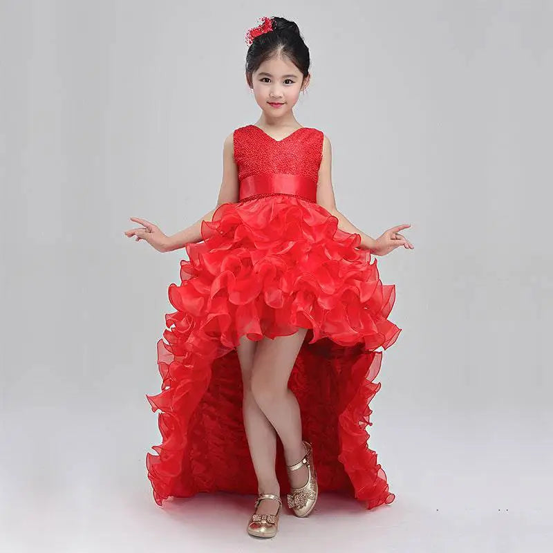Red Ruffled Girls Dress Wedding Flower Girl Gown