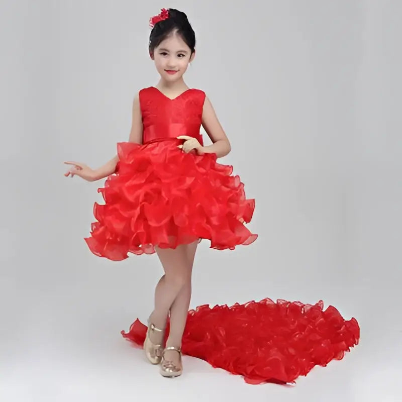 Red Ruffled Girls Dress Wedding Flower Girl Gown