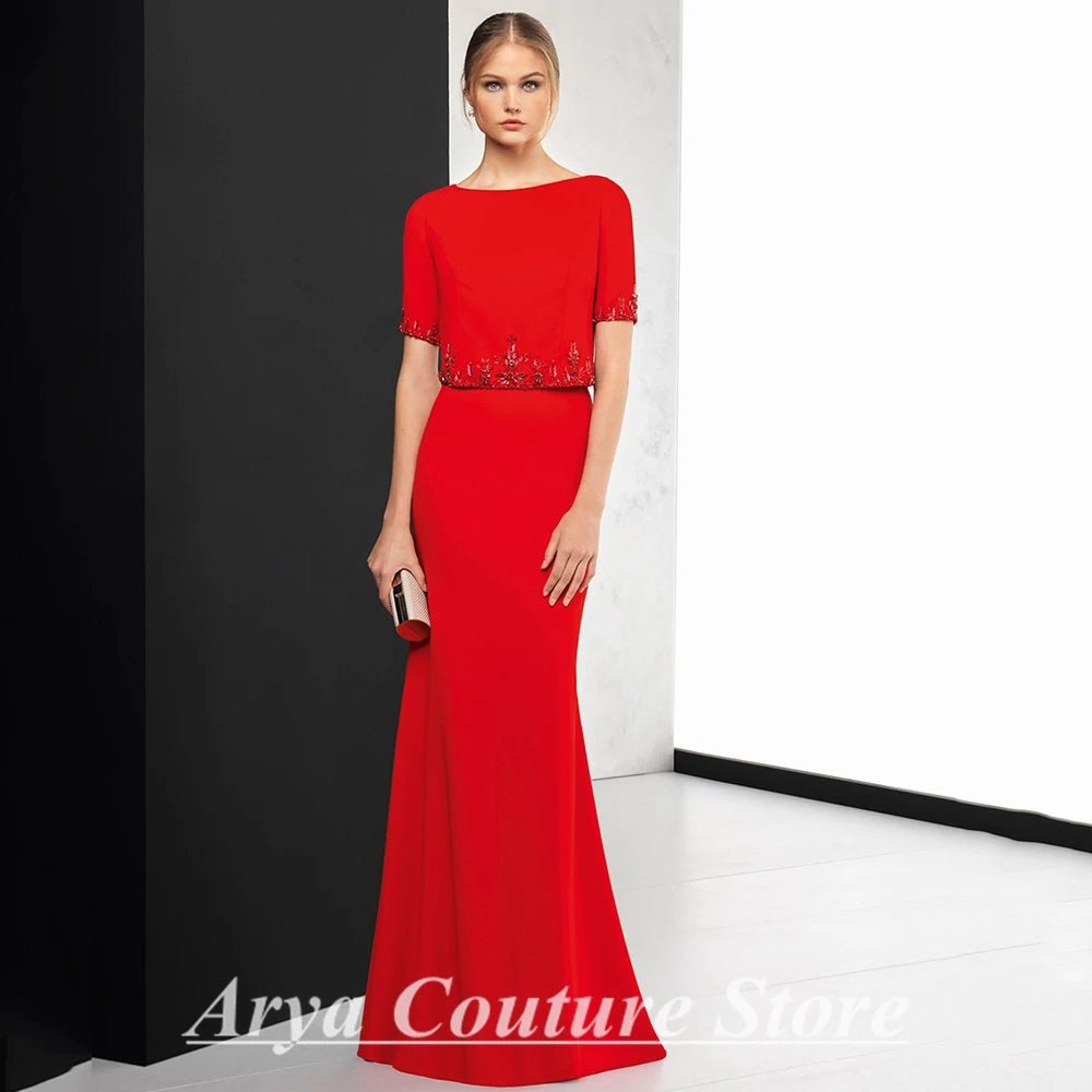 Red Scoop-Neck Short-Sleeve Mother of the Bride Dress - Luzilly Bridal & Apparel