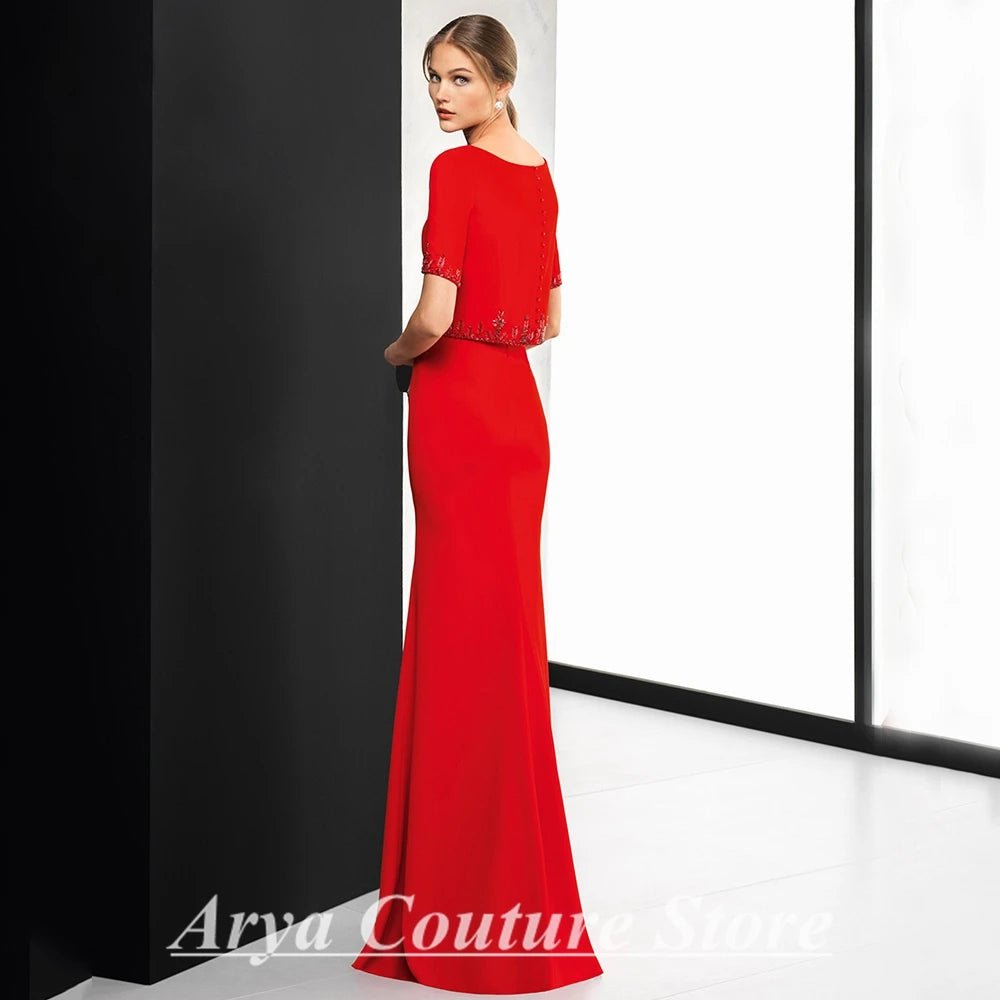 Red Scoop-Neck Short-Sleeve Mother of the Bride Dress - Luzilly Bridal & Apparel