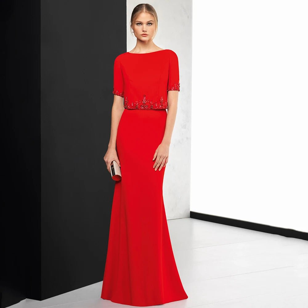 Red Scoop-Neck Short-Sleeve Mother of the Bride Dress - Luzilly Bridal & Apparel